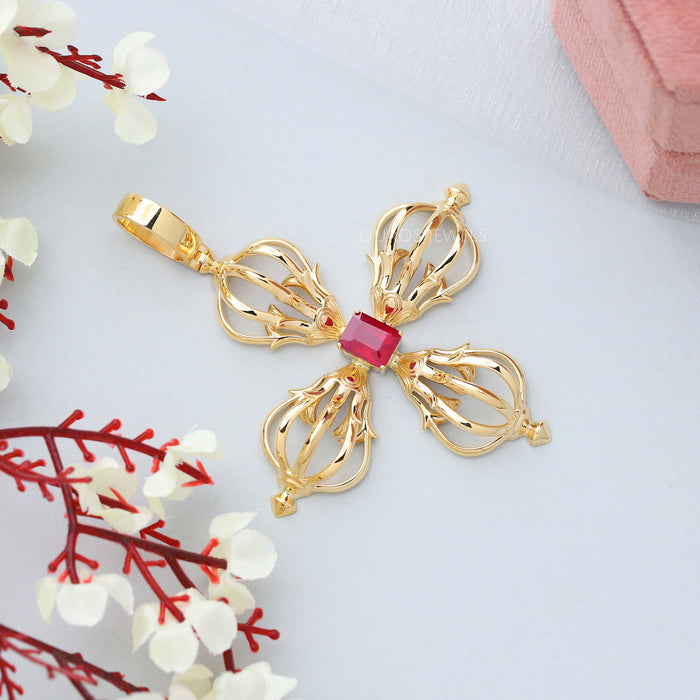 Natrual Radiant Cut Ruby Flower Gold Necklace