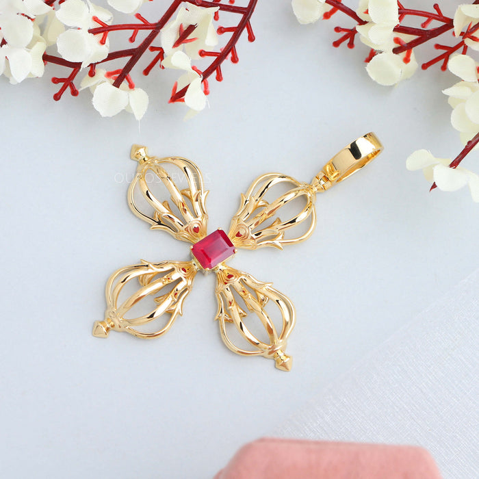 Natrual Radiant Cut Ruby Flower Gold Necklace