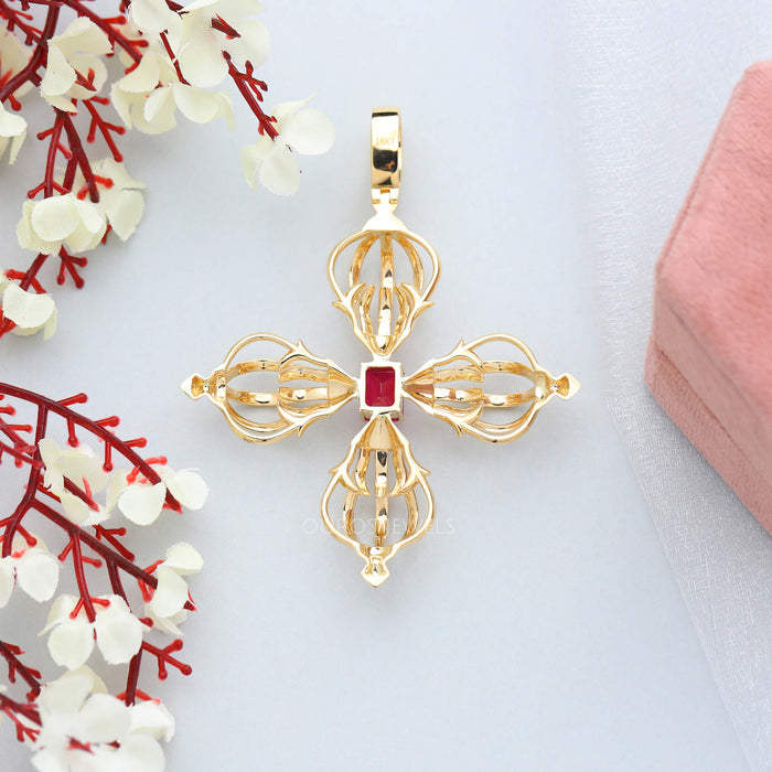 Natrual Radiant Cut Ruby Flower Gold Necklace