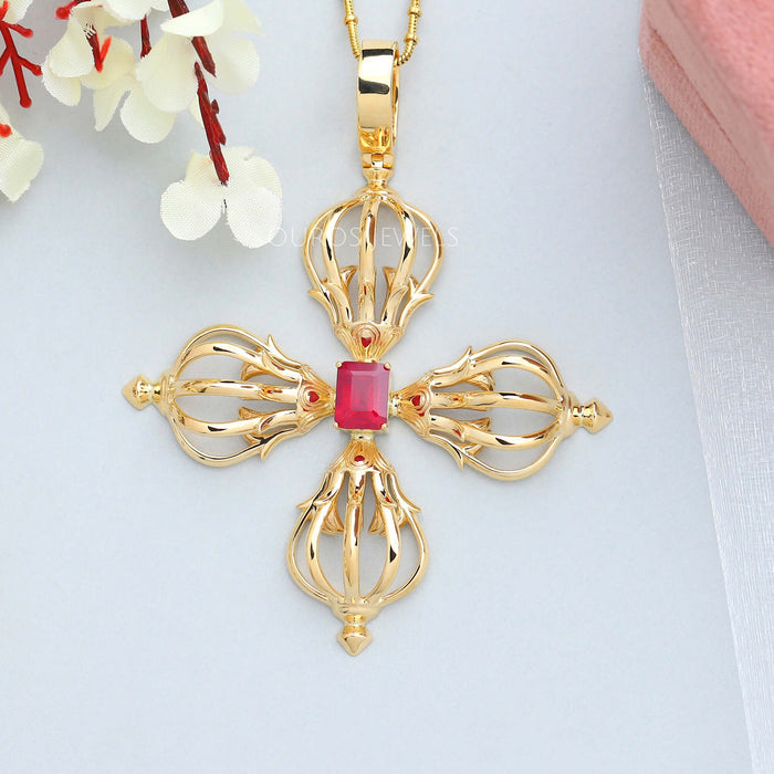 Natrual Radiant Cut Ruby Flower Gold Necklace