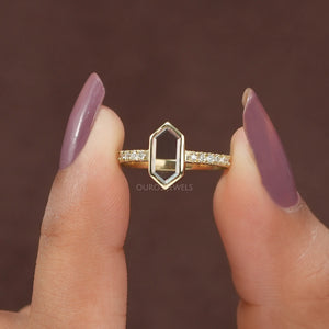 [a women holding long hexagone potrait cut ring]-[Ouros Jewels]