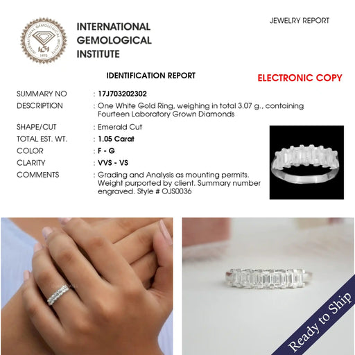 IGI certified emerald cut lab grown diamond seven stone wedding band in 14k solid white gold