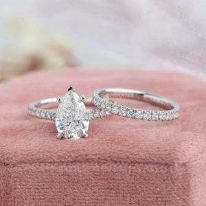 [Pear Shaped Lab Diamond Engagement RIng With Matching Band]-[Ouros Jewels]