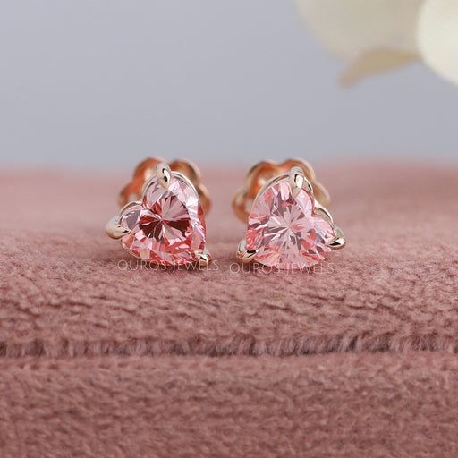 [Pink Heart Diamond Stud Earrings]-[Ouros Jewels]