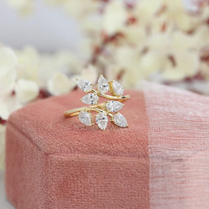 Diamond Pear Cluster Leaf Design Ring